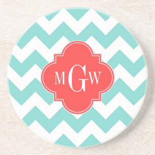 Dessous De Verre En Grès Aqua White Chevron Coral Red Quatrefoil 3 Monogram