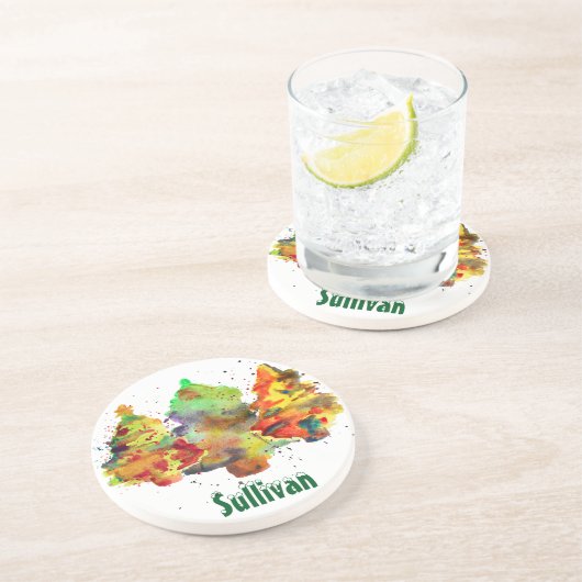 Dessous De Verre En Grès Aquarelle Arbres de Noël, grès personnalisé (Côté)