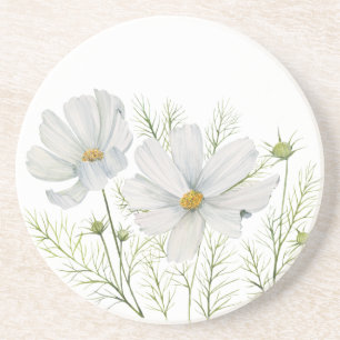 Dessous De Verre En Grès Aquarelle Blanc Cosmos Fleurs Peinture Botanique