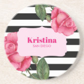 Dessous De Verre En Grès Aquarelle Chic Roses Roses Roses Roses Noir Blancs (Devant)