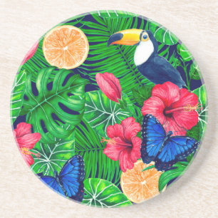 Dessous De Verre En Grès Aquarelle de jardin toucan et tropical