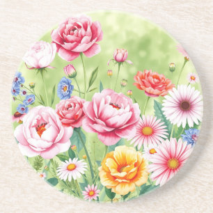 Dessous De Verre En Grès Aquarelle de jardin vibrante avec pivoines Roses