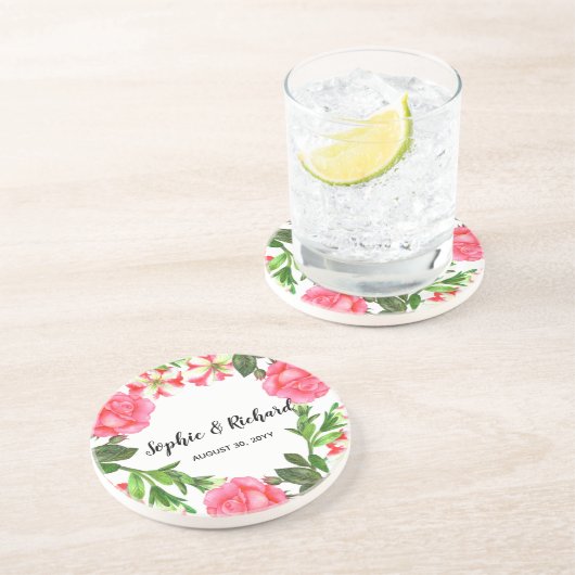 Dessous De Verre En Grès Aquarelle Fleurs roses Circle Conception de courro (Côté)