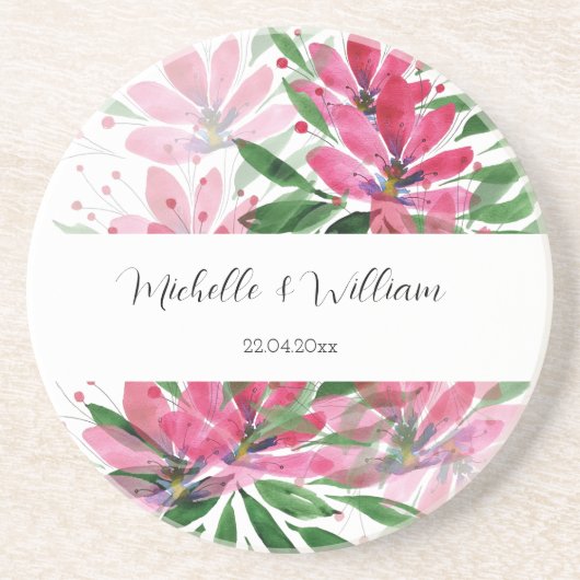 Dessous De Verre En Grès Aquarelle Florale Boho rose Monogramme (Devant)