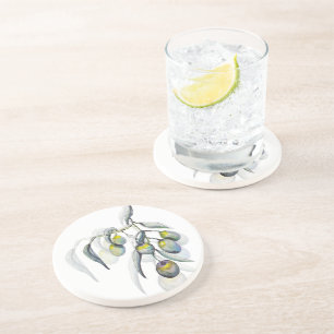 Dessous De Verre En Grès Aquarelle magique à branche d'olivier peinte à la