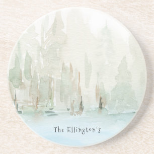 Dessous De Verre En Grès Aquarelle moderne Scène bois Nom de famille