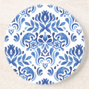 Dessous De Verre En Grès Aquarelle Motif Carreaux bleu et blanc