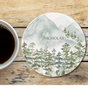 Dessous De Verre En Grès Aquarelle naturelle de la forêt et de la montagne