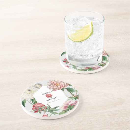 Dessous De Verre En Grès Aquarelle rose blanc pivoines Mariage (Côté)