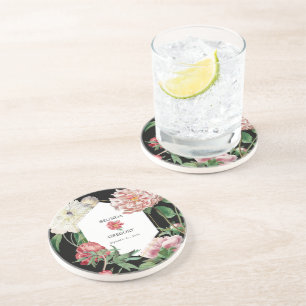 Dessous De Verre En Grès Aquarelle rose noir pivoines Mariage