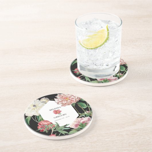 Dessous De Verre En Grès Aquarelle rose noir pivoines Mariage (Côté)