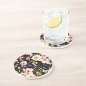 Dessous De Verre En Grès Aquarelle rose Roses Jaunes Arrière - plan noir (Côté)