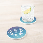 Dessous De Verre En Grès Aquarelle rustique de bleu de monogramme (Côté)