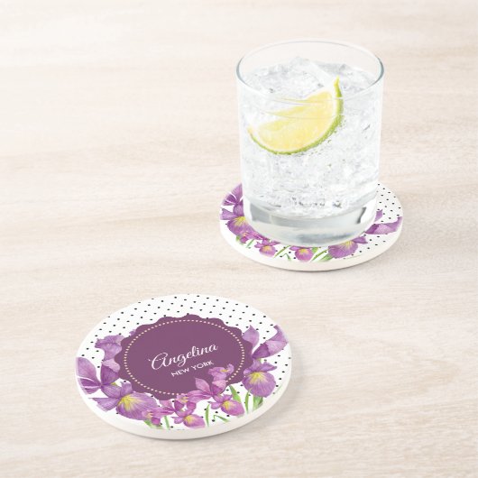 Dessous De Verre En Grès Aquarelle violet Iris Pois botaniques (Côté)