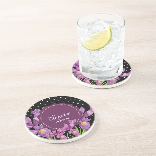 Dessous De Verre En Grès Aquarelle violet Iris Pois botaniques (Côté)