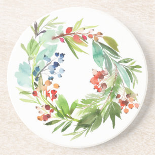 Dessous De Verre En Grès Aquarelle Winterberry Holly et Juniper Christmas