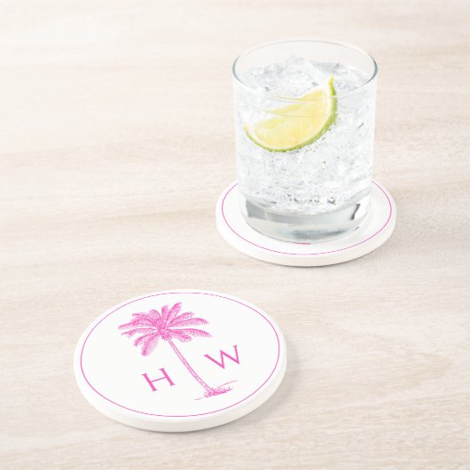 Dessous De Verre En Grès Arbre Palmetto Rose et Blanc Monogramme (Côté)