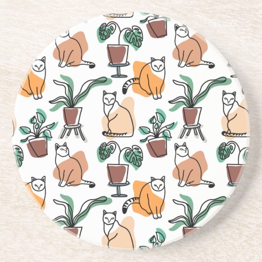 Dessous De Verre En Grès Art de trait dessin chats et fleurs (Devant)