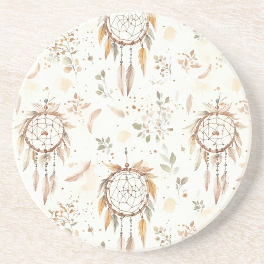 Dessous De Verre En Grès Attrape-rêves plumes Boho crème (Devant)