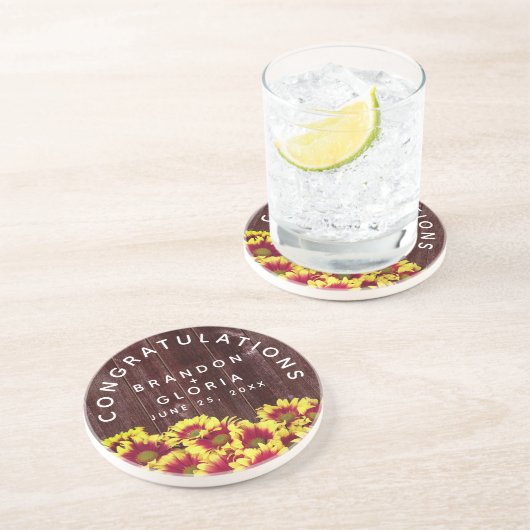 Dessous De Verre En Grès Autumn Sunflowers on Wooden Fence Wedding (Côté)