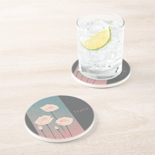 Dessous De Verre En Grès Badge Rond 5 Cm Roses, personalized (Côté)