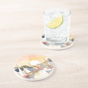 Dessous De Verre En Grès Baie des bateaux Peinture aquarelle de l'océan c