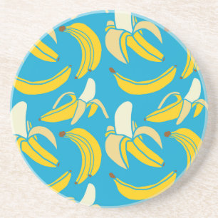 Dessous De Verre En Grès Bananes jaunes, motif arrière - plan bleu