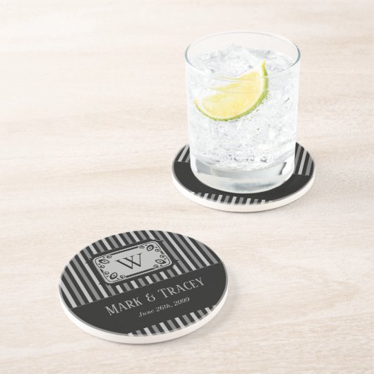 Dessous De Verre En Grès Bandes noires et blanches monogrammes (Côté)