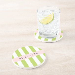 Dessous De Verre En Grès Bandes vertes, Lignes, Motif rayé, Votre Nom