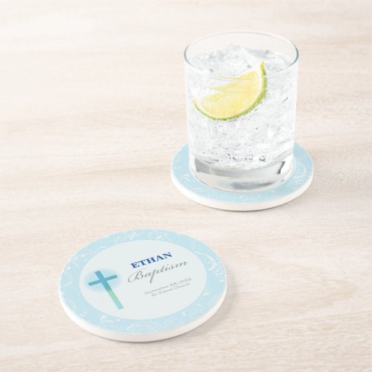 Dessous De Verre En Grès Baptême de garçon en dentelle bleue (Côté)