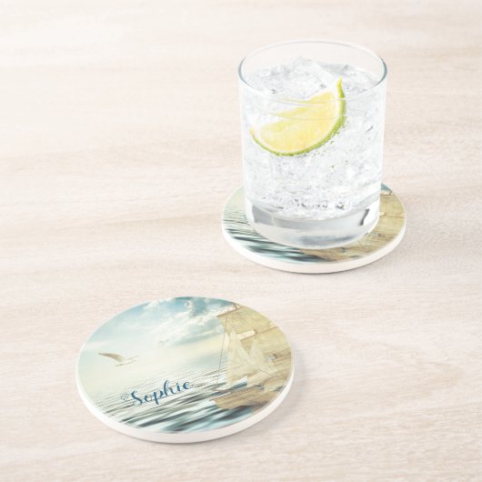 Dessous De Verre En Grès Bateau à voile et mouettes Brigantine (Côté)