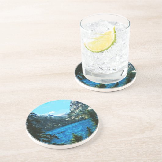 Dessous De Verre En Grès Bateau sur Mountain Lake Impressionnisme Abstrait (Côté)