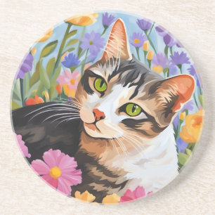 Dessous De Verre En Grès Beau chat avec fleurs