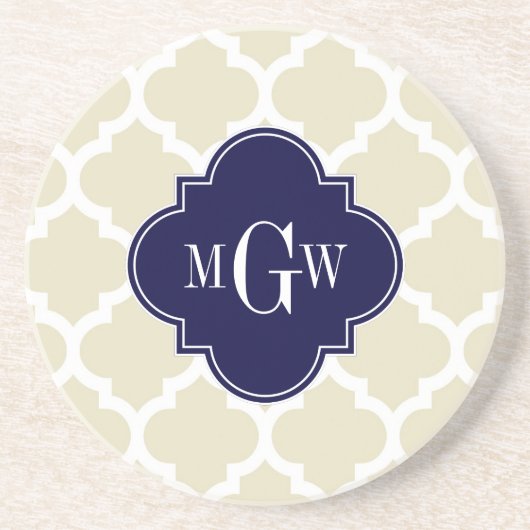 Dessous De Verre En Grès Beige, White Moroccan #5 Navy 3 Initial Monogram (Devant)