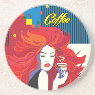Dessous De Verre En Grès "Belle Femme de mode avec Café Cup" Pop Art