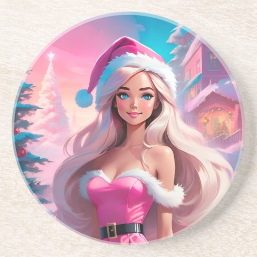 Dessous De Verre En Grès Belle fille de Noël rose 01 (Devant)