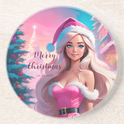 Dessous De Verre En Grès Belle fille de Noël rose 01 (Devant)