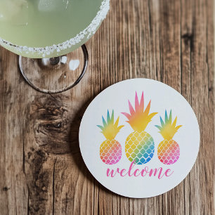 Dessous De Verre En Grès Bienvenue Aquarelle Tropicale Rose Arc-en-ciel Ana