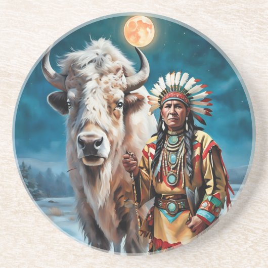Dessous De Verre En Grès Bison blanc et chef amérindien (Devant)