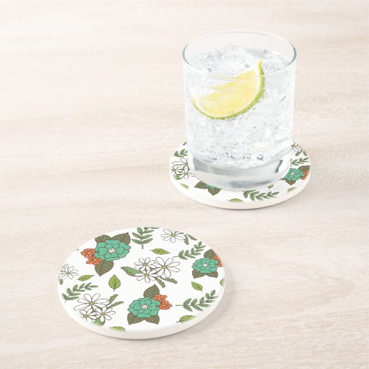 Dessous De Verre En Grès Blanc Rétro et Floral Vert (Côté)