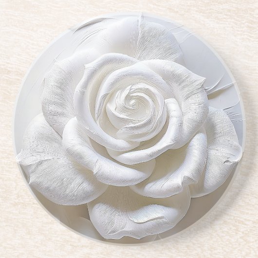 Dessous De Verre En Grès Blanc sur blanc - Rose sculpté (Devant)