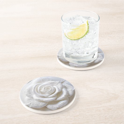 Dessous De Verre En Grès Blanc sur blanc - Rose sculpté (Côté)