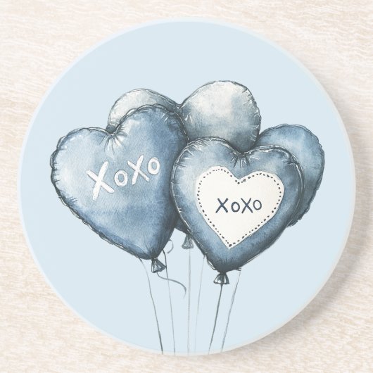 Dessous De Verre En Grès Bleu Blanc Denim Coeur Ballons (Devant)