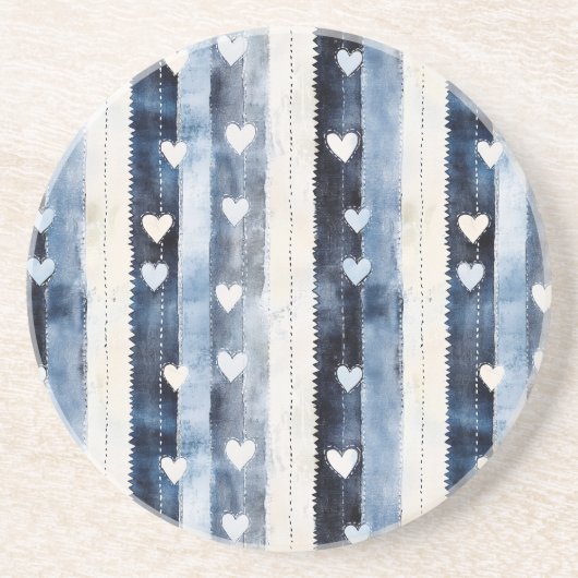 Dessous De Verre En Grès Bleu Blanc Denim Coeur rayures (Devant)