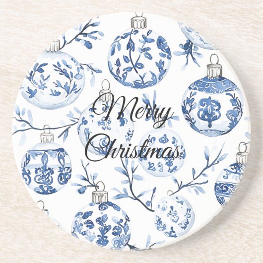 Dessous De Verre En Grès Bleu Chic Ornements de Noël Blancs (Devant)