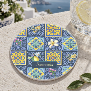 Dessous De Verre En Grès Bleu chic sarcelle sicilien citrus méditerranéen
