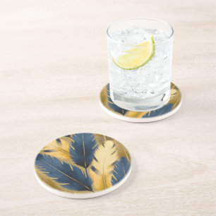 Dessous de verre en grès bleu et jaune à plumes