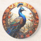 Dessous De Verre En Grès Bleu Orange Floral Automne Peacock Vitrail (Devant)