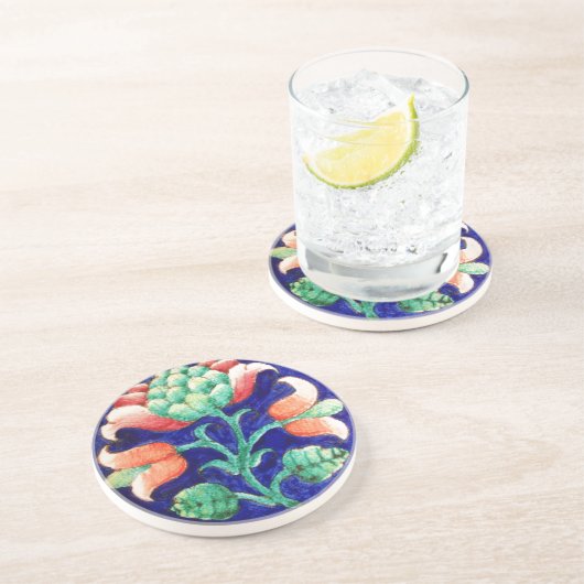 Dessous De Verre En Grès Bleu vert rouge FLEURI (Côté)