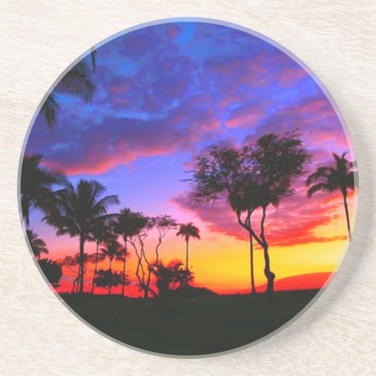 Dessous De Verre En Grès Blue Red Sunset Exotic Hawaiian Beach Palm Trees (Devant)